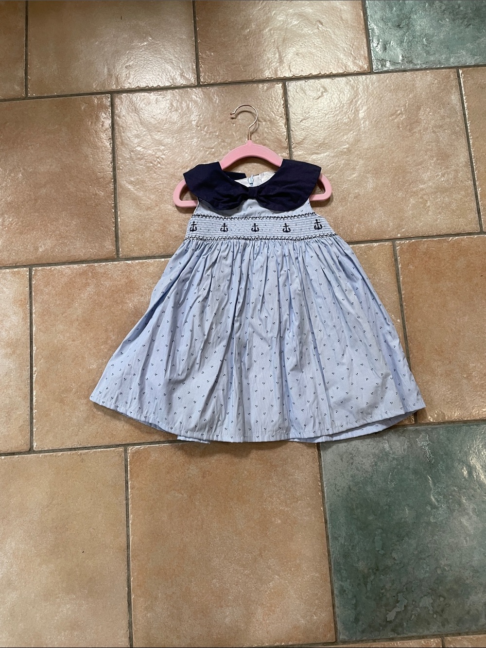 Light Blue Nautical Smocked Kids Dress with Navy Collar